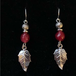 Vintage Silver Tone Leaf Drop Beaded Hook Earrings